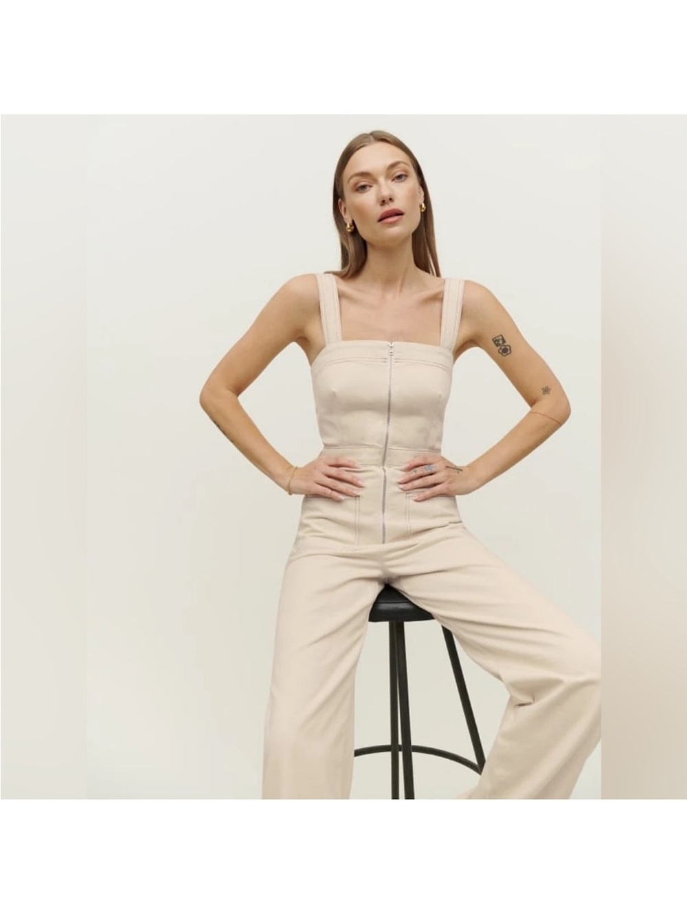 Reformation Cream Wide-Leg Jumpsuit with Front Zip Bodice